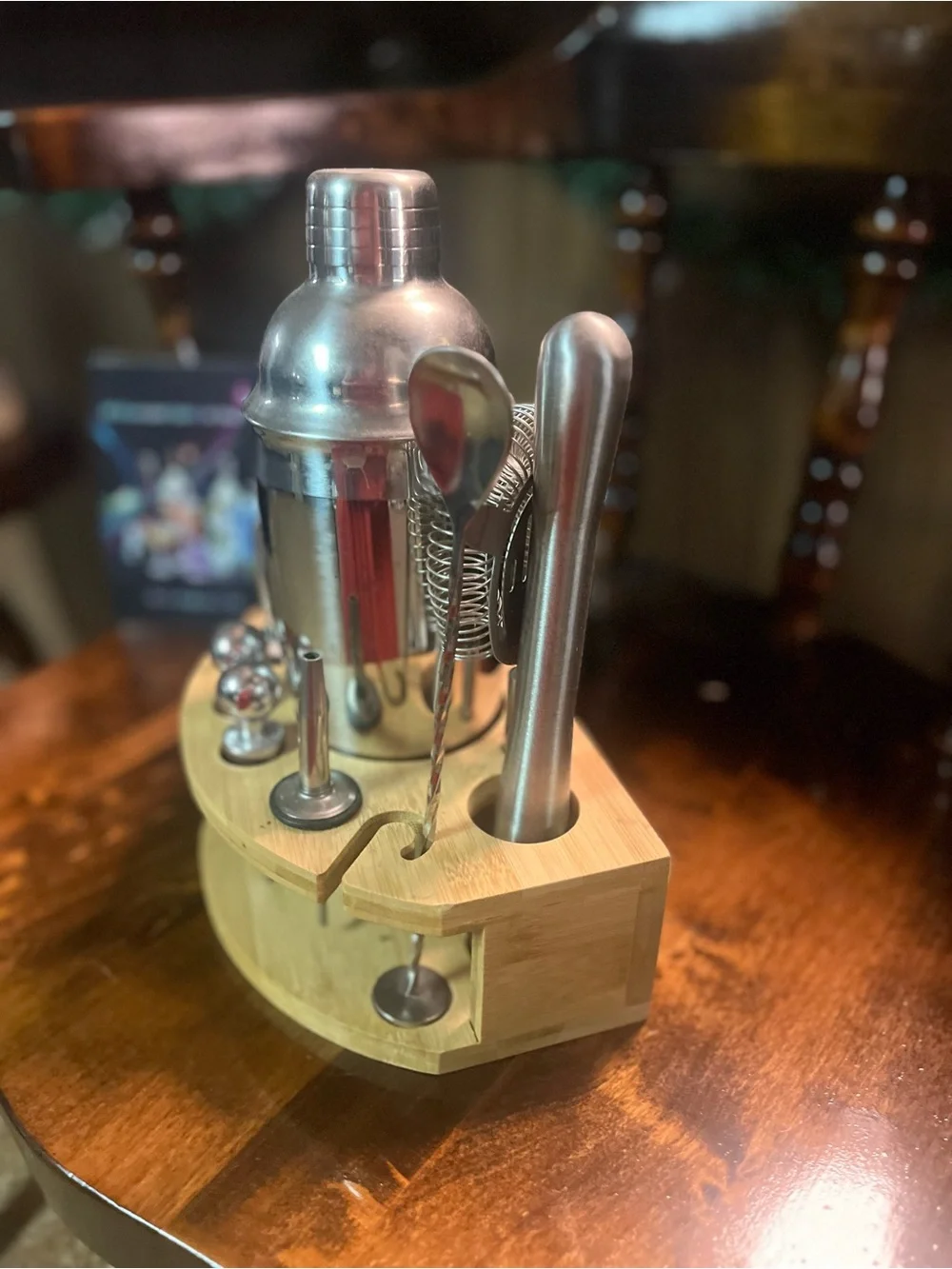Stainless Steel Cocktail Bar Set with Bamboo Stand - Silver